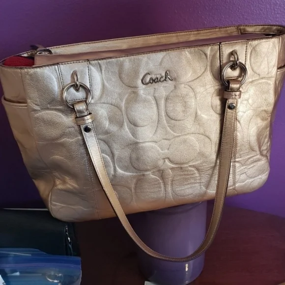 Coach Gold Metallic Monogram Embossed Shoulder Tote - Picture 2 of 15